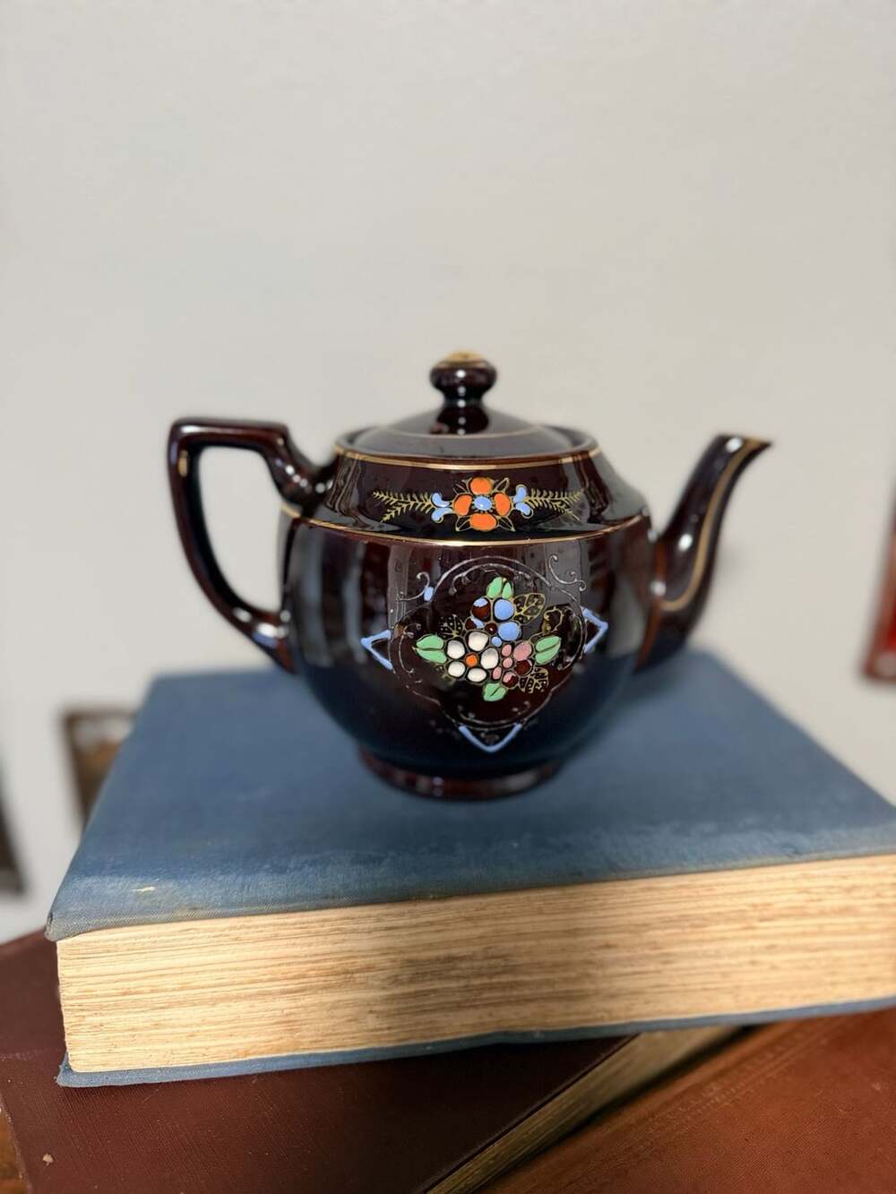 VTG Japanese Brown Ceramic Teapot w/Hand Painted Floral Moriage & Gold Trim